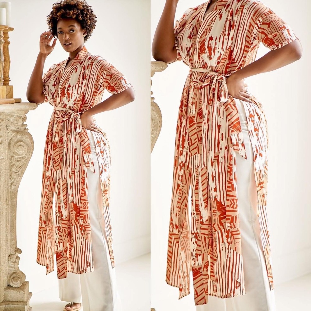J. Brooks Robe Woman's XL Kaftan Kimono Long Rust Cream Full Length Split Sides